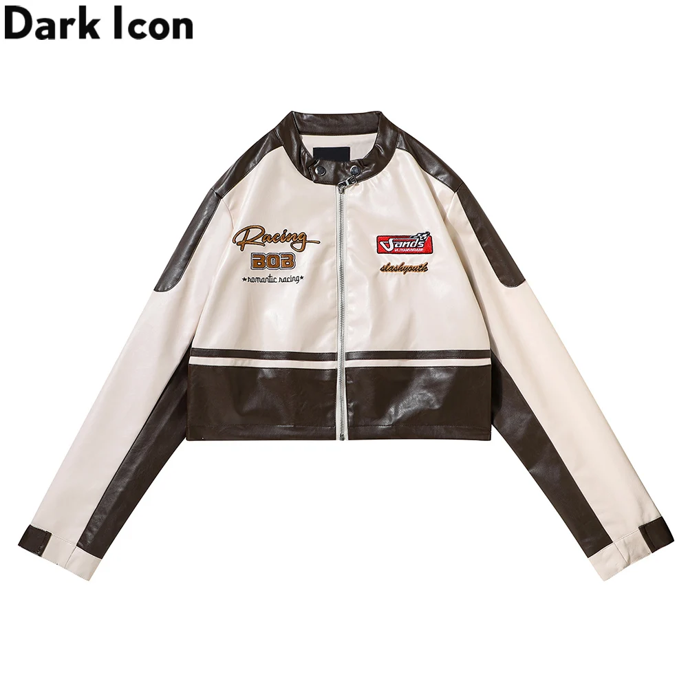 

Dark Icon Stand Collar Motorcycle Jackets Women Autumn Letter Embroidery Cool Cropped Jacket Girl