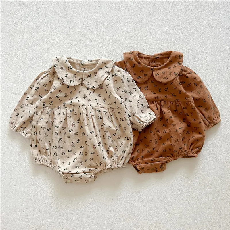 

Детский хлопковый комбинезон для новорожденных девочек, комбинезон с цветочным принтом на воротнике и длинным рукавом