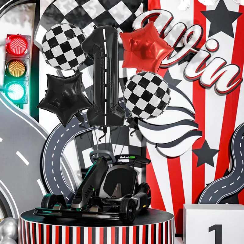 

Large Black Digital Aluminum Film Pentagram Lattice Balloon Black White Striped Racing Theme Birthday Party Decoration Balloon