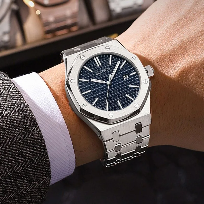 Фото Мужские часы BESTWIN Original Luxury, с датой, светящиеся, водонепроницаемые, с браслетом из нержавеющей стали, модные, деловые, кварцевые. №3