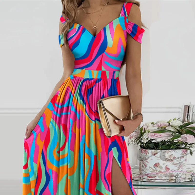 

Women Summer Print Folds Corset Dress Casual Fashion Sleeveless V Neck High Waist Slit Vacation Dress Streetwear Y2K Clothes
