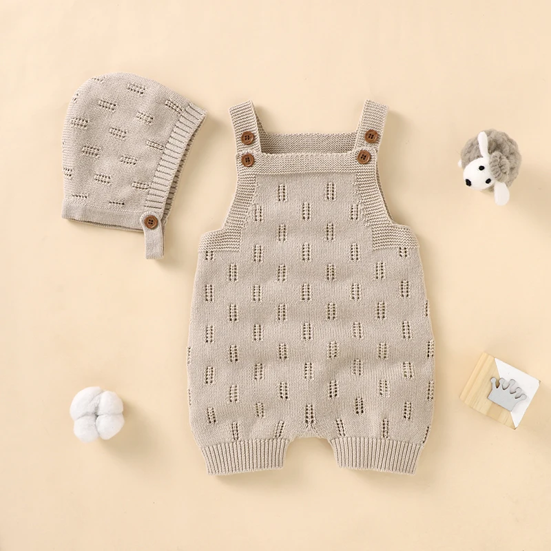 Summer Baby Rompers Sleeveless Infant Boy Girl Jumpsuit Outfit Knit Cotton Newborn Toddler Clothing Hat Hollow Out Playsuit 2PCS