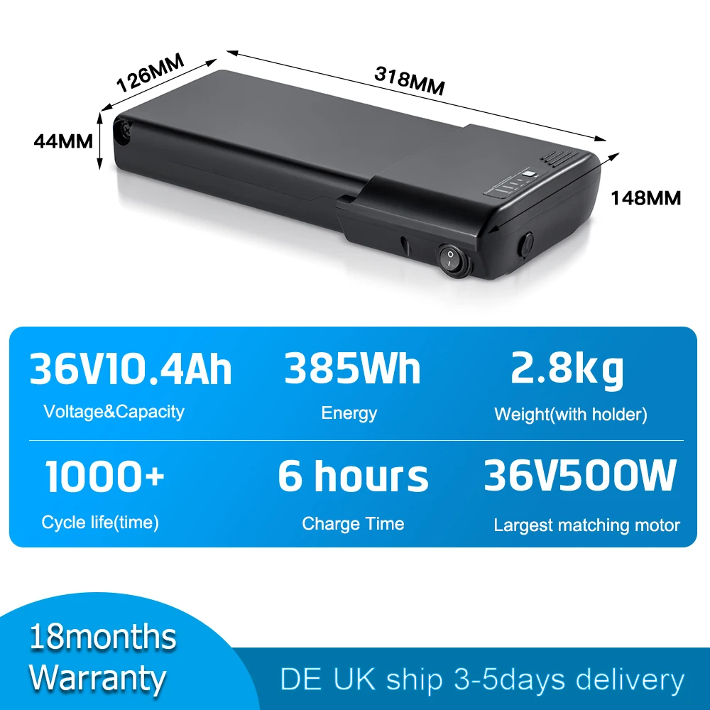 

Electric battery 36V10.4Ah 18650 Cell Rear Rack Battery for MIFA Rehberg Zündapp Victoria Ansmann Kettler ebike battery