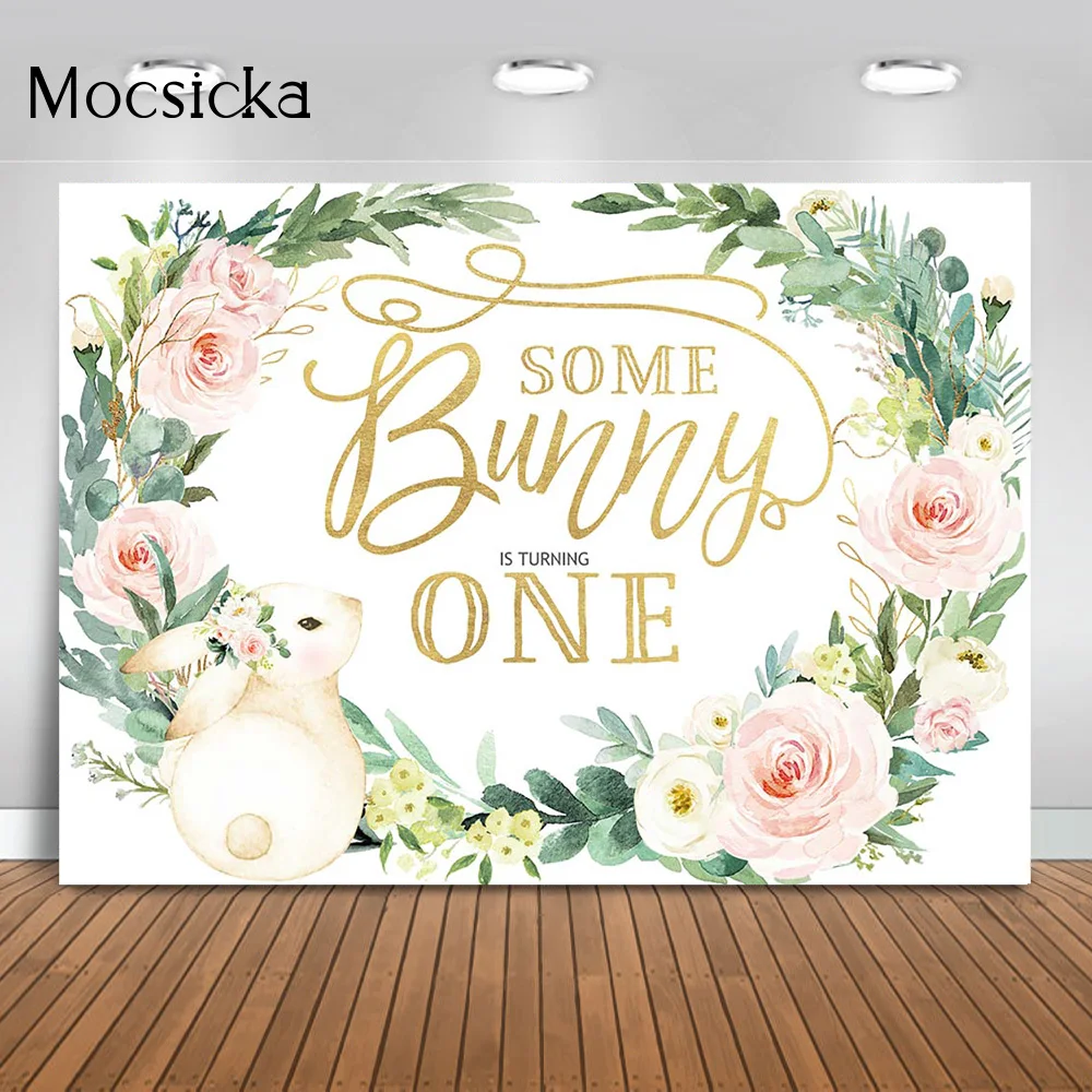 

Mocsicka Golden Some Bunny One Flowers Theme Party Photocall Background Wreath Rabbit Decoration Photography Backdrops CUSTOM