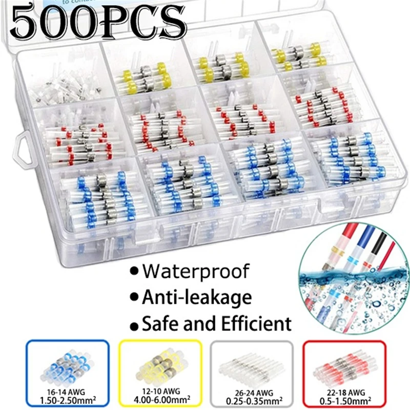 

500PCS Heat Shrink Connect Terminals Seal Waterproof Solder Sleeve Tube Electrical Wire Insulated Butt Connectors Kit Box