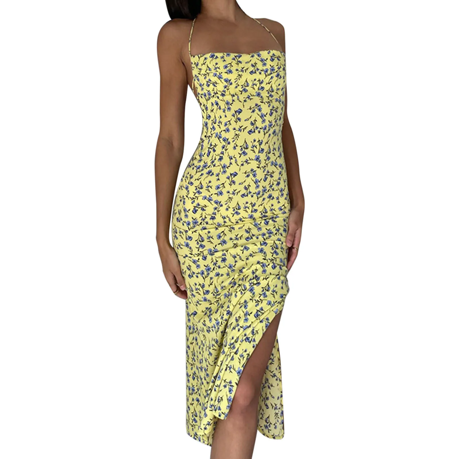 

2023 Trendy Retro Sexy Floral Print Backless Slip Dress Summer Casual Women Sleeveless Low Cut Bodycon Maxi Dress for Club Party