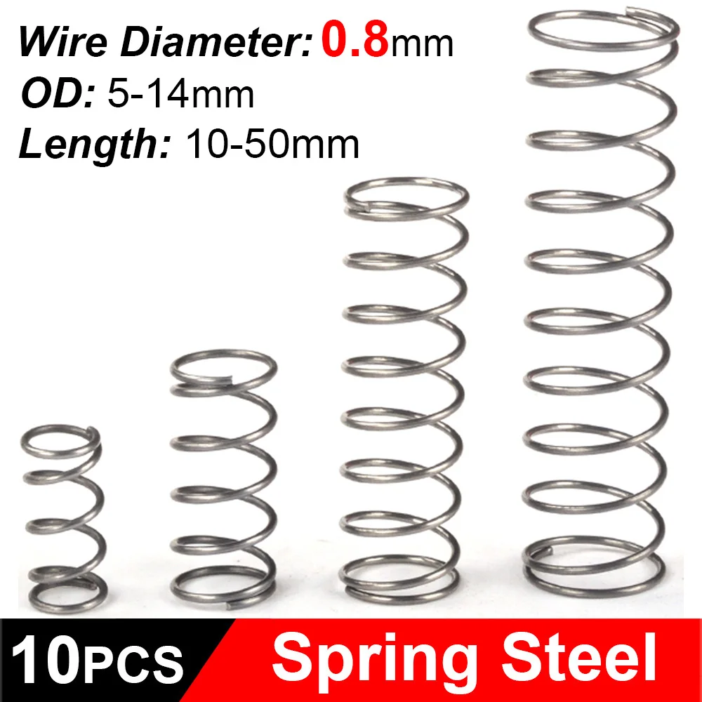 

10 шт. Диаметр проволоки 0.8мм Пружинная сталь высокого качества Пружинки сжатия Внешний диаметр (ВД) 5/5.5/6/6.5/7/7.5/8/8.5/9/9.5/10-14мм Ассортименты фурнитуры (металлические аксессуары)