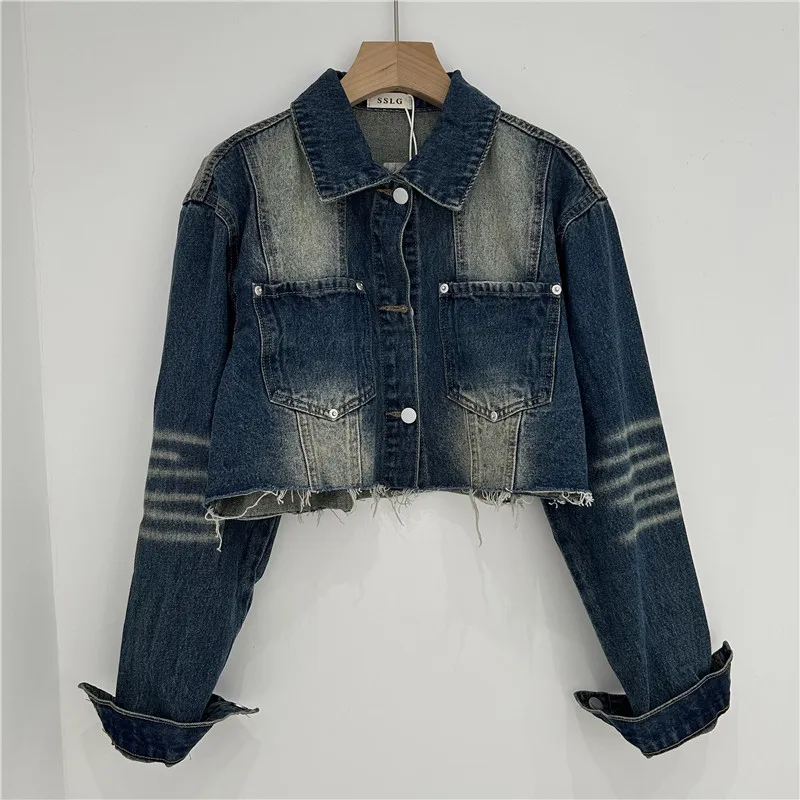

Женская короткая джинсовая куртка в стиле Харадзюку, Весенняя винтажная голубая потертая куртка с длинным рукавом и большими карманами, 2023