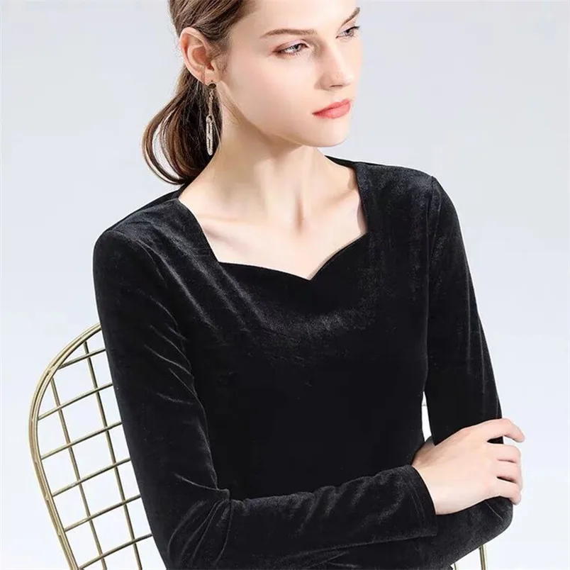 

Women Long Sleeves Velour Tops Elegant Blouse Solid Color Velvet Vintage Shirts Square Collar Sexy V-Neck Party Tops Vestidos