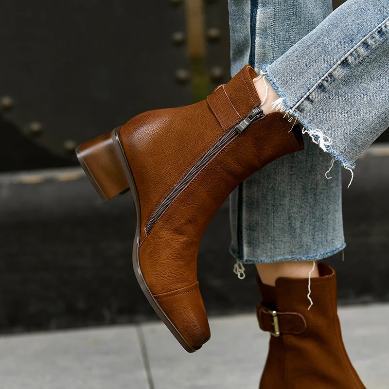 

Ботинки женские винтажные из воловьей кожи, на квадратном каблуке 5 см