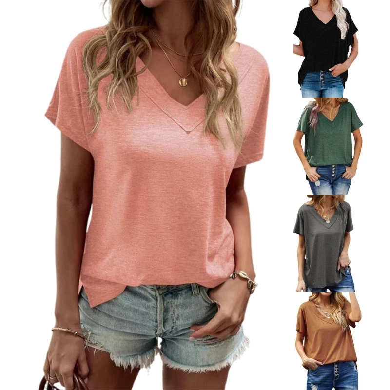 

Summer Short Sleeves T-shirt for Women All-matching Basic Top Loose Fit Casual Top Lady Solid Color V-Neck Shirt