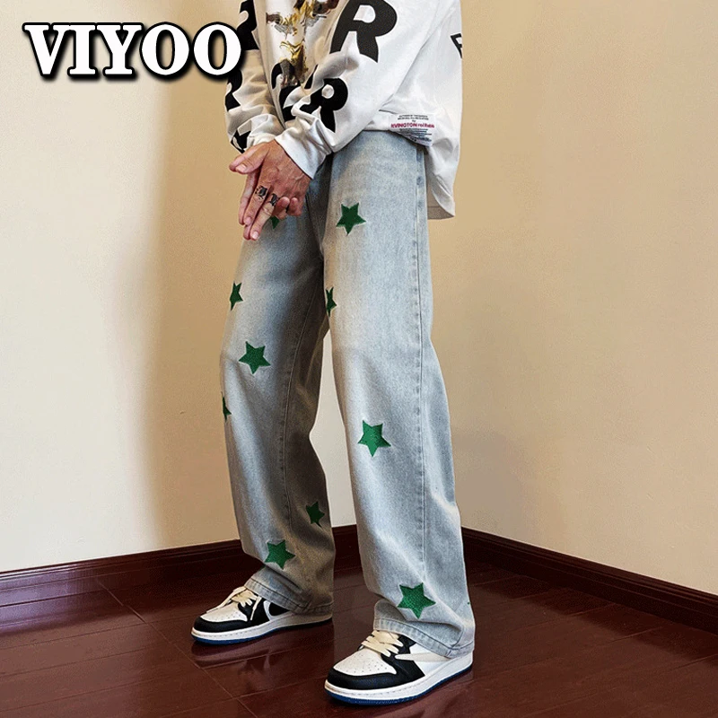 Mens Y2K Clothes Jeans Star Embroidery Denim Trousers  Streetwear Baggy Pants Casual Jean Vintage Hip Hop Wide Leg Pants Men