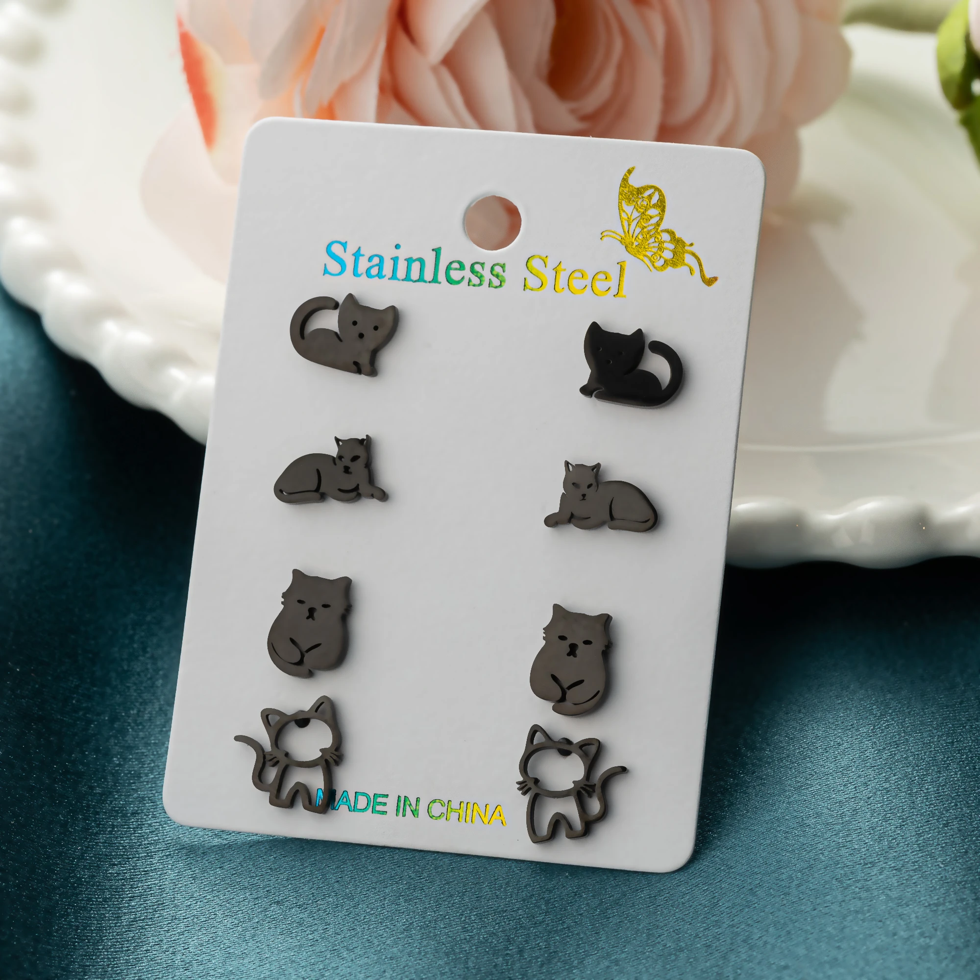 Shuangshuo 4 пары/наборы модных женских аксессуаров из нержавеющей стали смешные