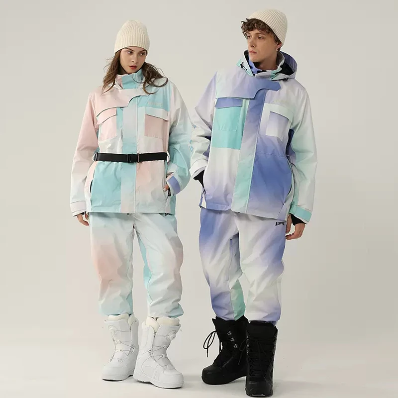 

New Ski Suit Women Overalls Thickened Warm Ski Set Snowboard Jacket Windproof Waterproof Men Gradual Change Outdoor Snow Pants