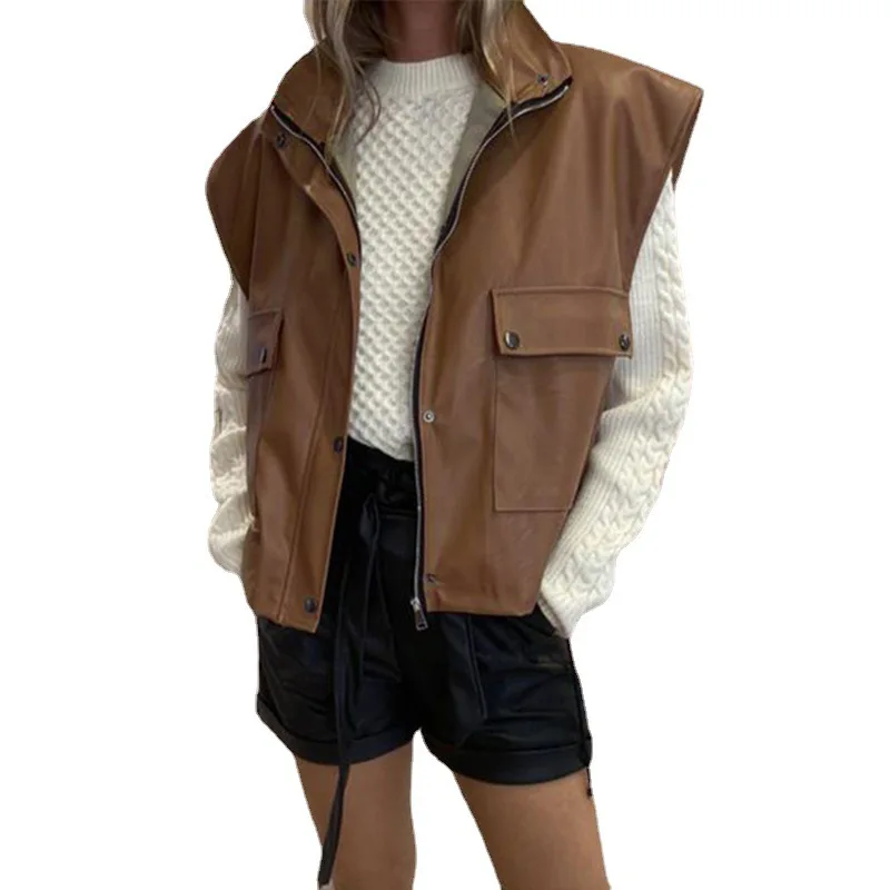 Vintage  Loose Moto & Biker  Faux Leather  PU  Zippers  Faux Leather Jacket  Sleeveless  Jackets for Women 2022  Autumn/Winter