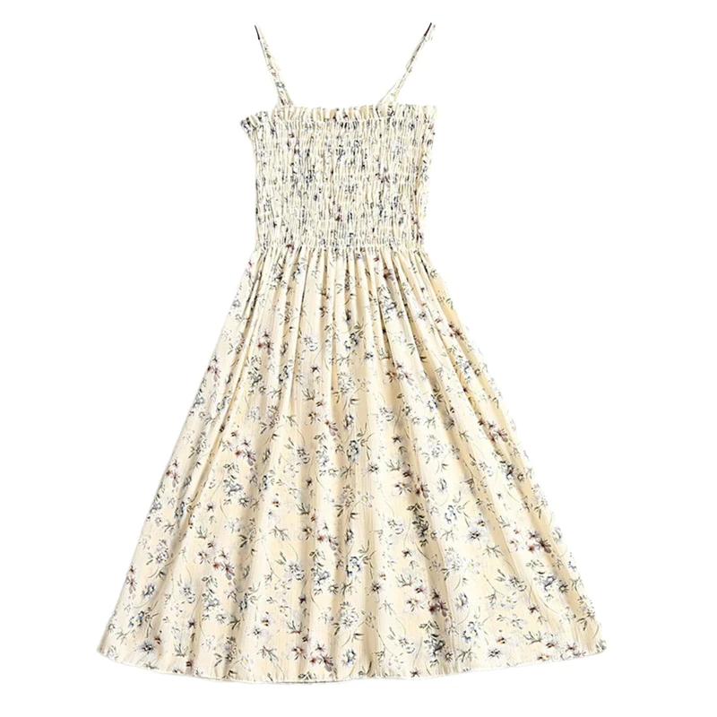 

H9ED Women Spaghetti Strap Shirred Frill Trim Midi Swing Cami Dress Boho Floral Printed High Waist Pleated A-Line Sundress
