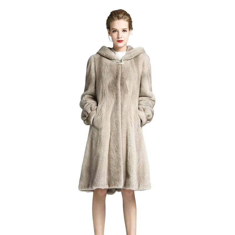 Honest Queen Denmark imported mink Velvet Silver blue fashion mink fur coat Long Type Women