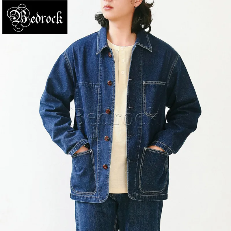 

MBBCAR 8oz denim mechanic chore jacket for men vintage blue snowflake heavy one washed package elastic Railway cargo jacket 3125