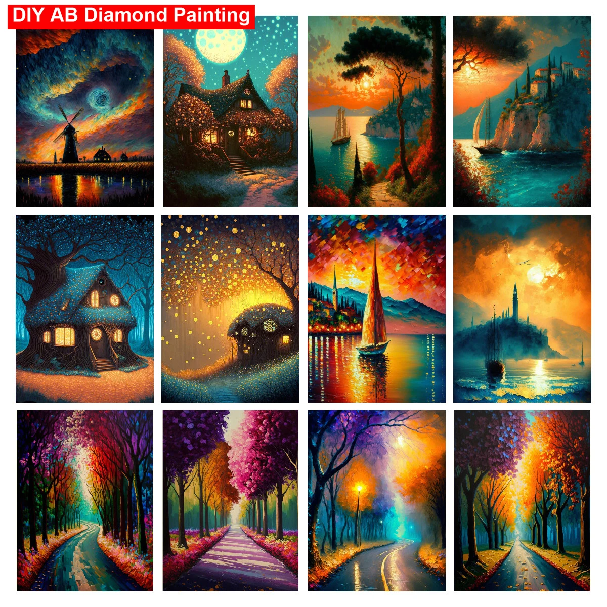 

Sunset House 5D DIY AB Diamond Painting Tree Landscape Diamond Embroidery Mosaic Rhinestone Pictures Home Decor Art Crafts