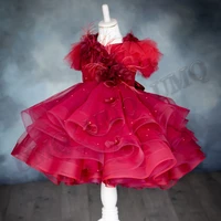 red puffy feather toddler birthday flower girl dress bow wedding party dresses custom made fashion show first communion