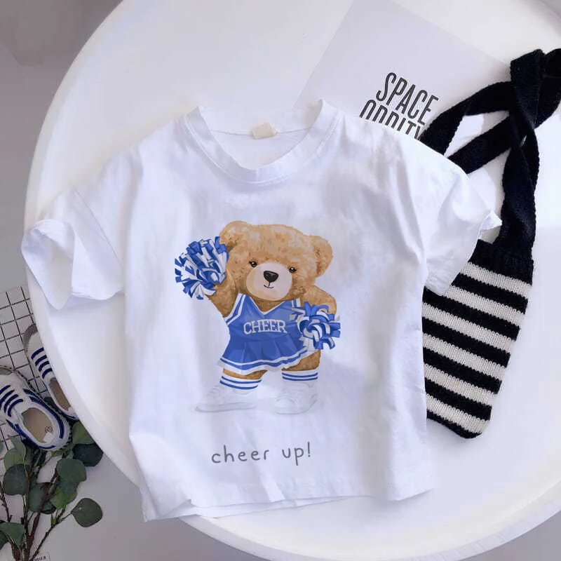 Футболка для девочек мишка тедди мультяшный медведь детская белая черная летняя