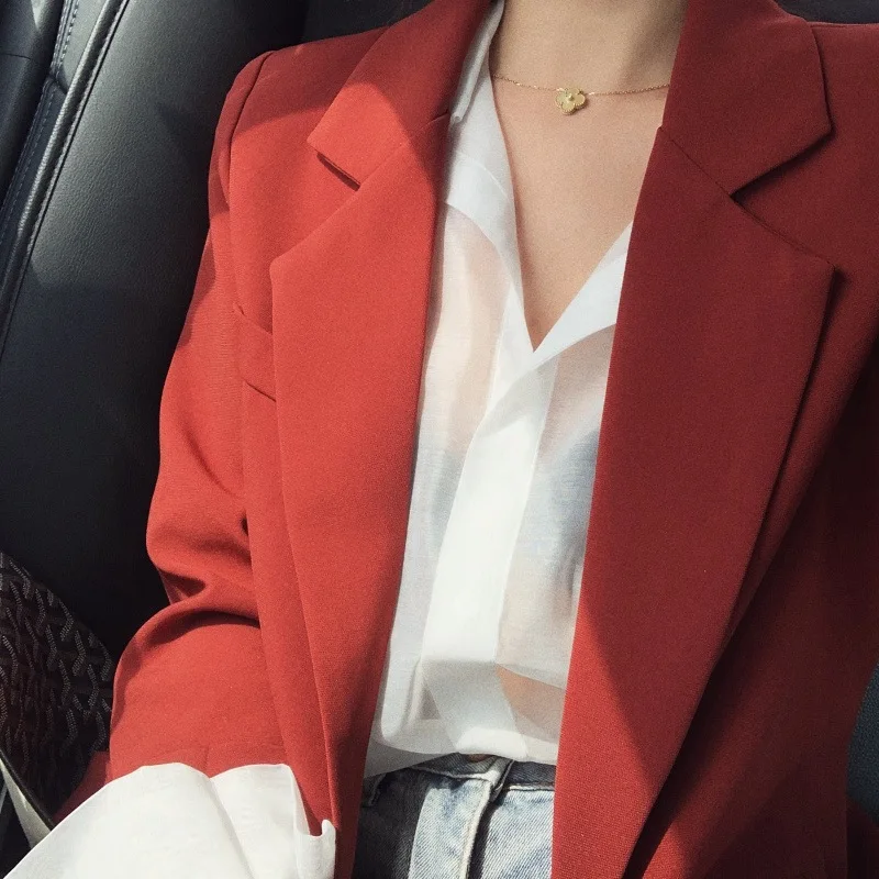 Candy Red Casual Office Blazer 2023 Women Korean Fashion Solid Colors Single Breasted Commute Blazer New Hot Sale Work Clothing