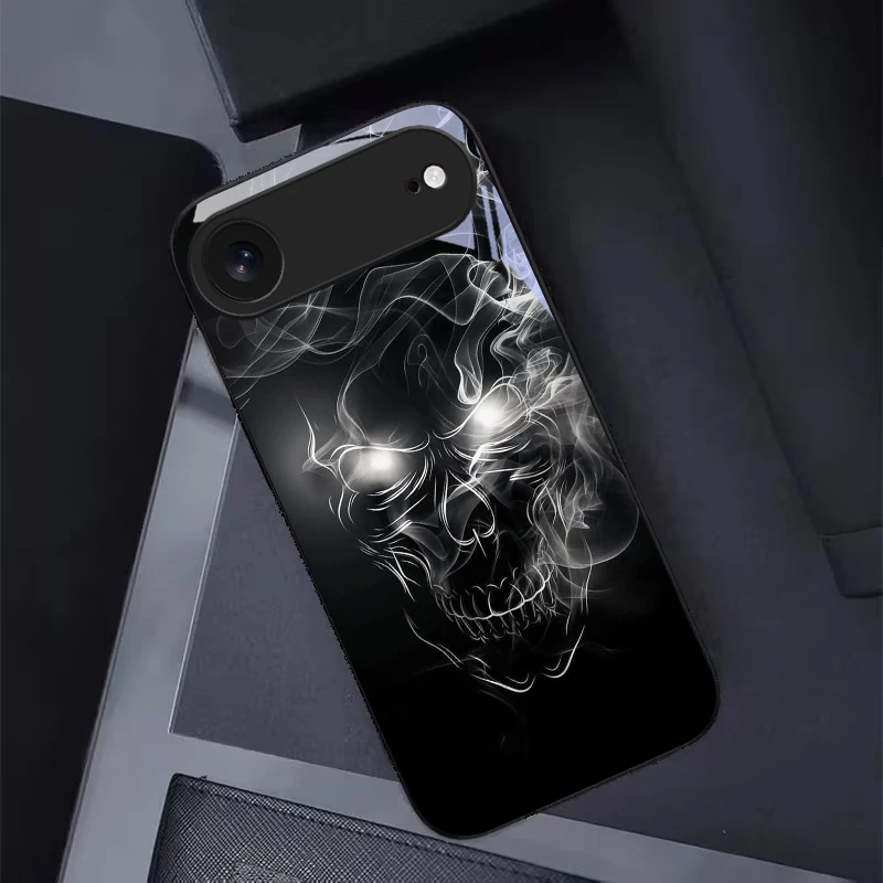 Фото Чехол для телефона из черного стекла с неоновым дымчатым черепом для iPhone 11 Pro 12 13 mini 14 15 Pro Max 16 E 17 Air XS Max XR 8 7 Plus Xs. №4