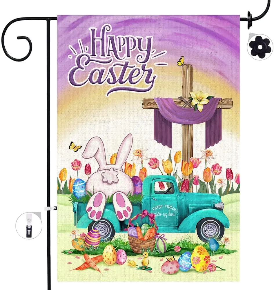 

Happy Easter Garden Flags 12x18 Double Sided Easter Bunny Eggs with Blue Truck Tulip Flowers Burlap Yard Flag for Home Decor