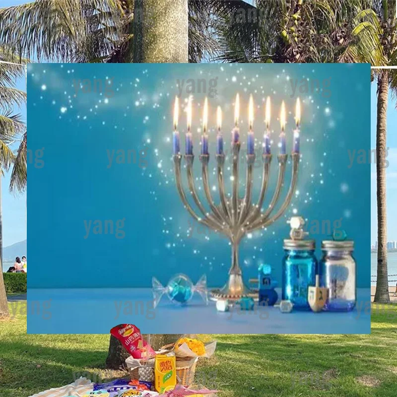 

Фон для фотосъемки счастливая Ханука на заказ с изображением черной и синей свечи Менора канделябры Dreidel еврейские праздники семья Блестящий Фон