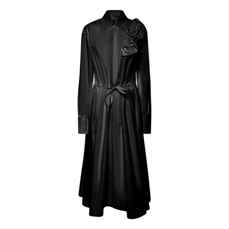 

SuperAen 2022 Solid Simple Long Spring Autumn Flowers Three-dimensional Turn-down Collar Straight Casual Dress for Women