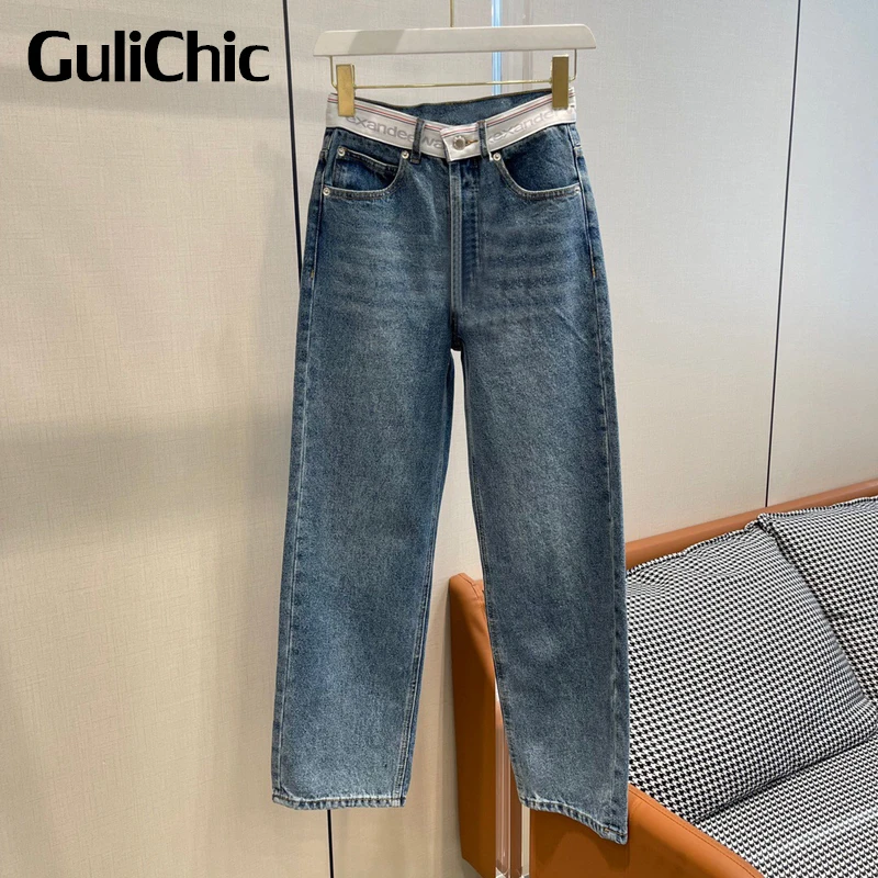

10.28 GuliChic Women Vintage Street Patchwork Contrast Color Letter Cotton Casual Straight Jeans