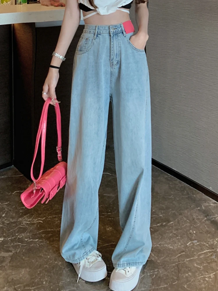 

Женские прямые джинсы TIGENA с высокой талией, Новые повседневные однотонные свободные широкие джинсовые брюки в Корейском стиле, модель 2022 го...