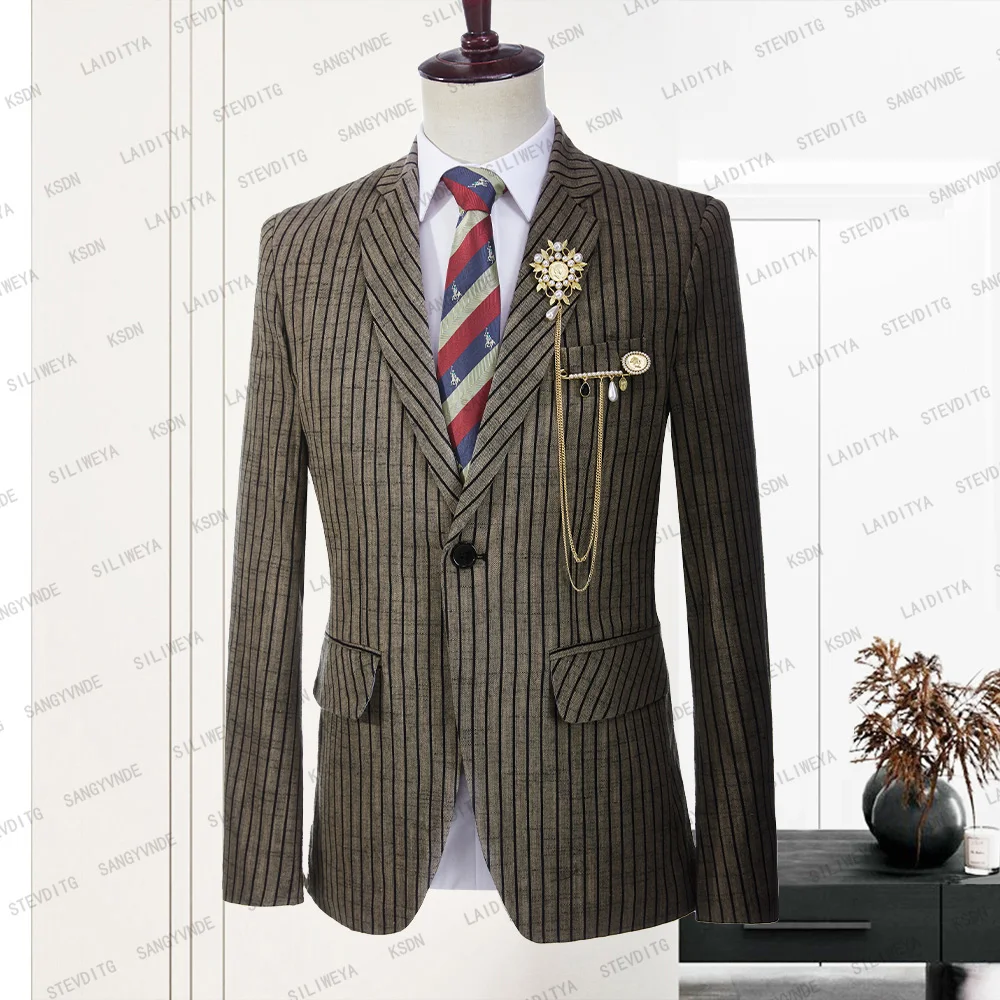 2023 Men Business Casual Slim Fit Suit Fashion Light Brown Linen Black Stripe Tuxedo Wedding Formal Dress Jacket Blazer Coat