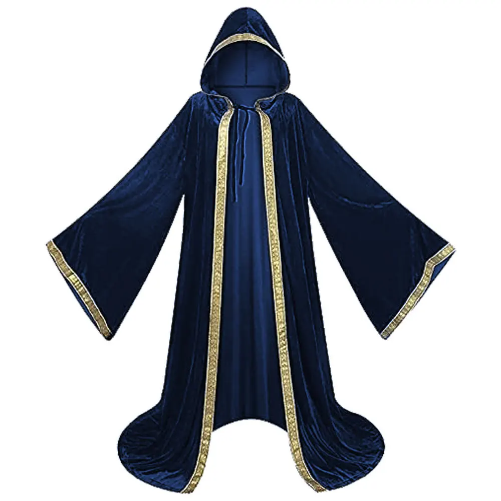 Фото Бархатный плащ волшебника с капюшоном и золотой отделкой, длинная мантия мага, средневековый халат, костюм для Хэллоуина и косплей-вечеринок. №3