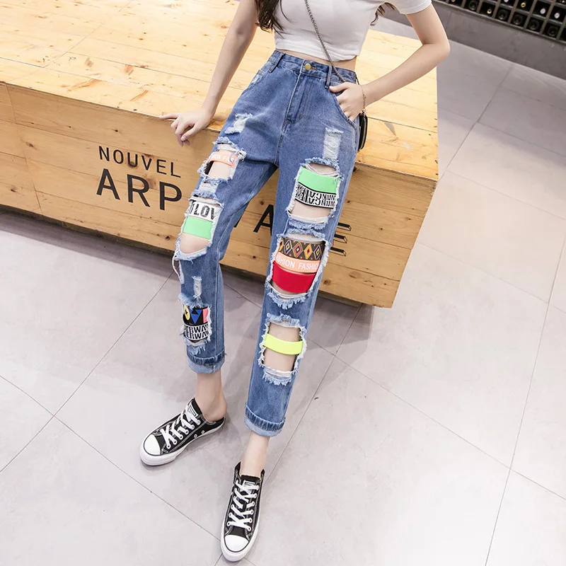 2023 Fashion Brand Design Feeling Broken Hole Jeans Female Summer High Waist Straight Barrel Beggar Dad Chic Cropped Feet Pants
