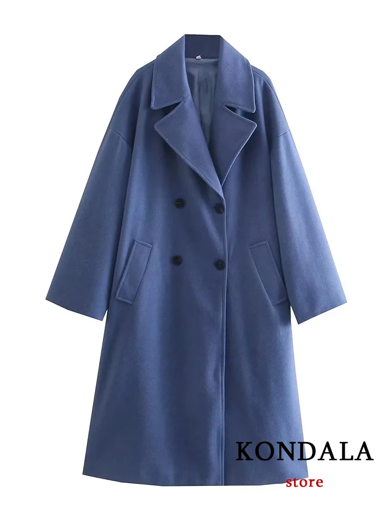 

KONDALA Vintage Solid Blue Women Coat Long Sleeve Double Breast Wool Blends Fashion 2022 Luxury Elegant Streetwear Long Outwear