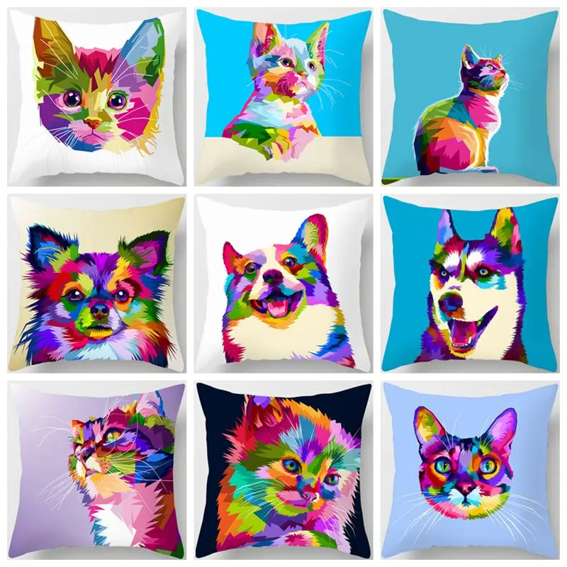 

Colorful Animal Cushion Cover Cute Cat Dog Giraffe Zebra Lion Pillow Cover Polyester Pillow Cover