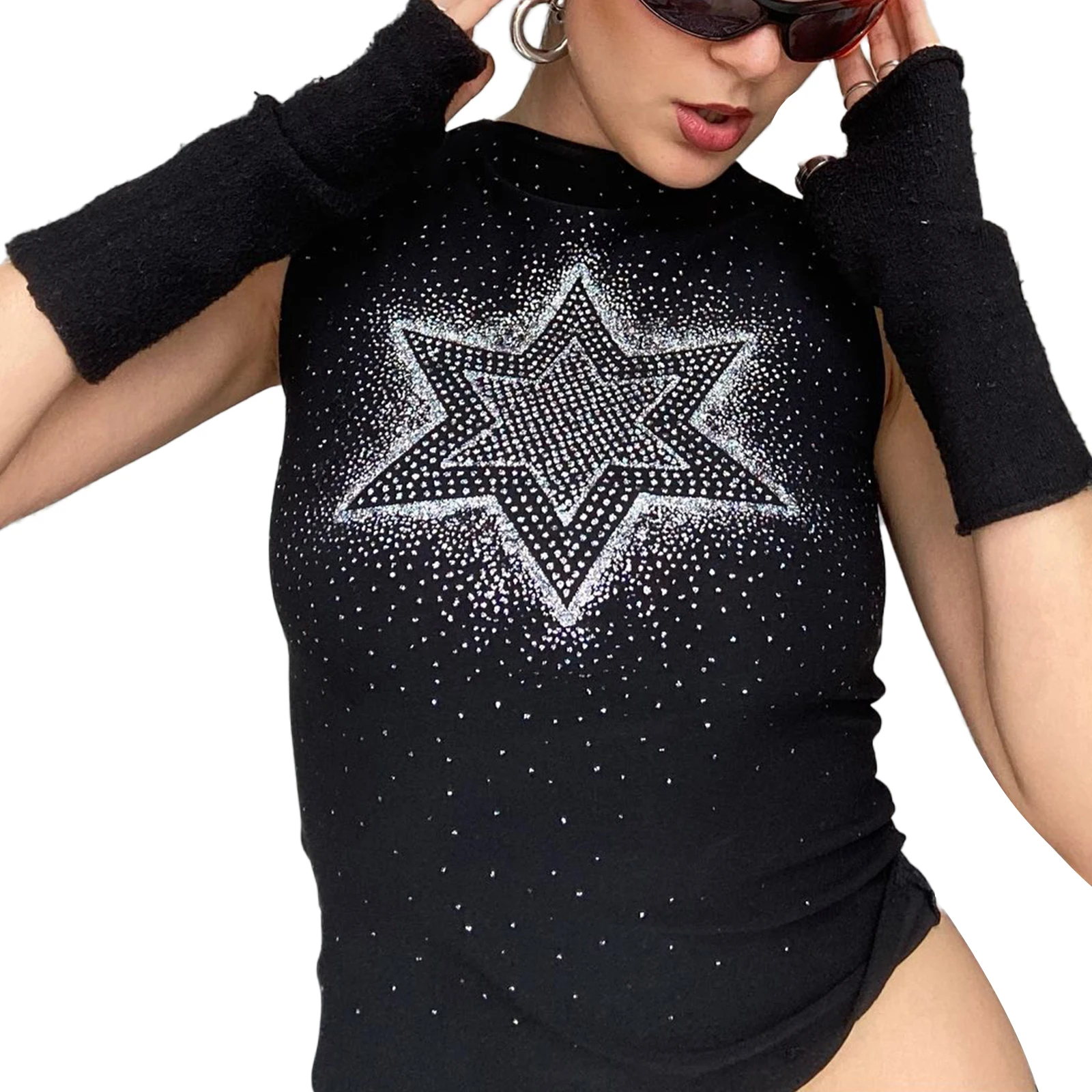 

Женский винтажный укороченный жилет в стиле панк y2k, Черная майка со звездным принтом, тонкий мини-жилет без рукавов, одежда в стиле Харадзюк...