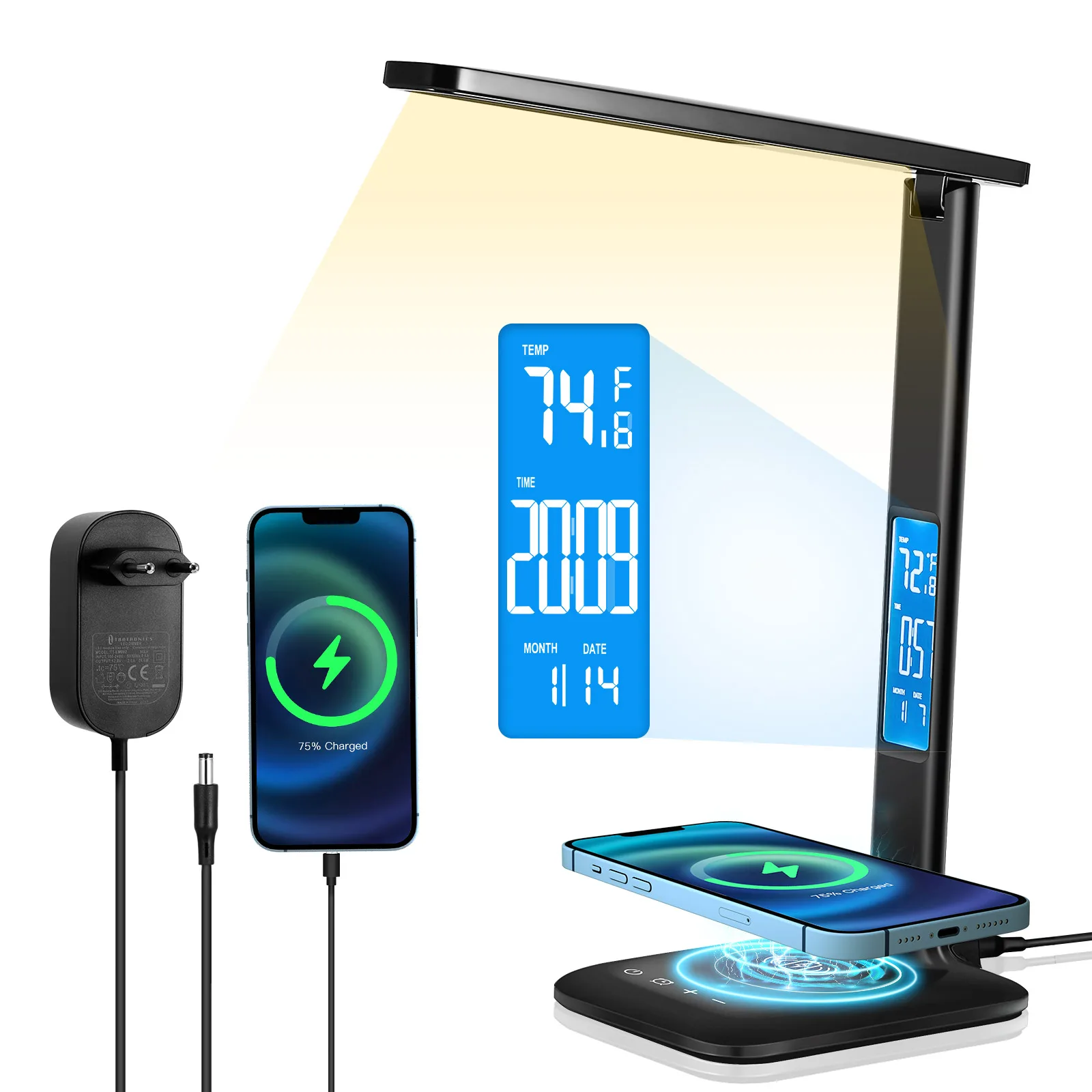 

Настольная лампа с функцией беспроводной зарядки и будильником, 10 Вт