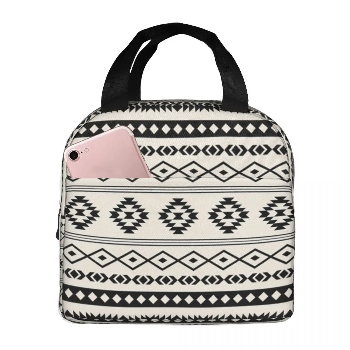 Bohemian Aztec Black On Cream Mixed Motifs Lunch Bag Waterproof Insulated Cooler Thermal Cold Food School Lunch Box for Women