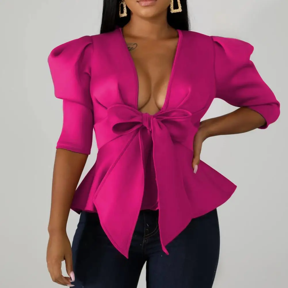 

Women Blazer Deep V-neck Puff Half Sleeve Solid Color Women Coat Ruffle Hem Bowknot Bandage Peplum Blazer Workwear Female Clothe