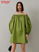 ttqv fashion loose green women dress 2022 autumn sexy slash neck puff sleeve mini dresses streetwear elegant a line female dress