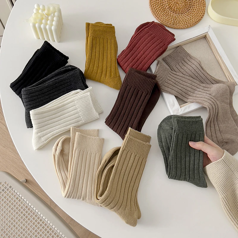 

Autumn Thick Retro Harajuku Cotton Sock Women's Classic Solid Coloured High Quality Business Basic Stripes Med Tube Socks Men