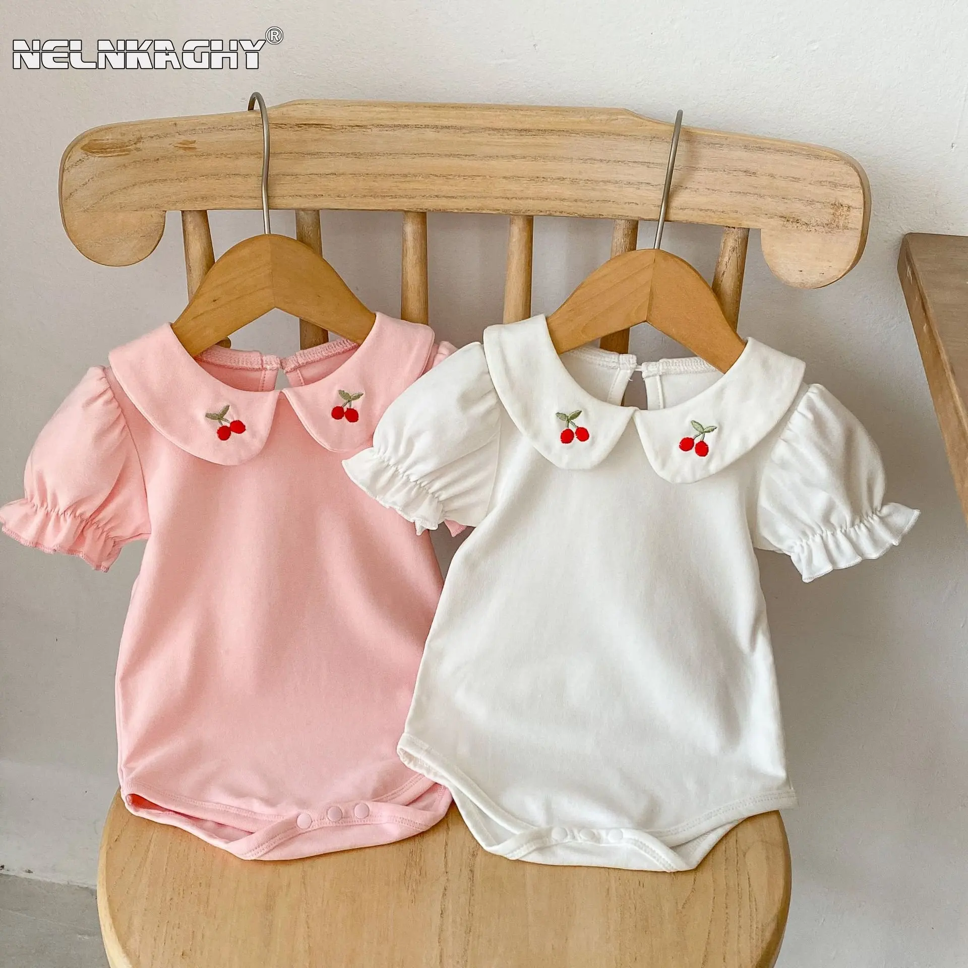 2023 New In Summer Newborn Infant Girls Puff Sleeve Peter Pan Collar Embroidery Flower Outwear Kids Baby Jumpsuits Bodysuit