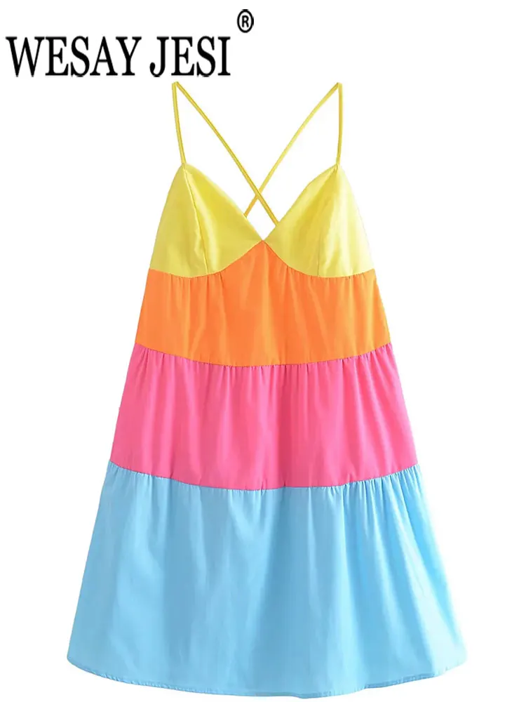 

WESAY JESI Sleeveless V-Neck Sling Strap Backless Dresses For Women 2022 Rainbow Sweet Summer Dresses Casual Holiday Vestidos