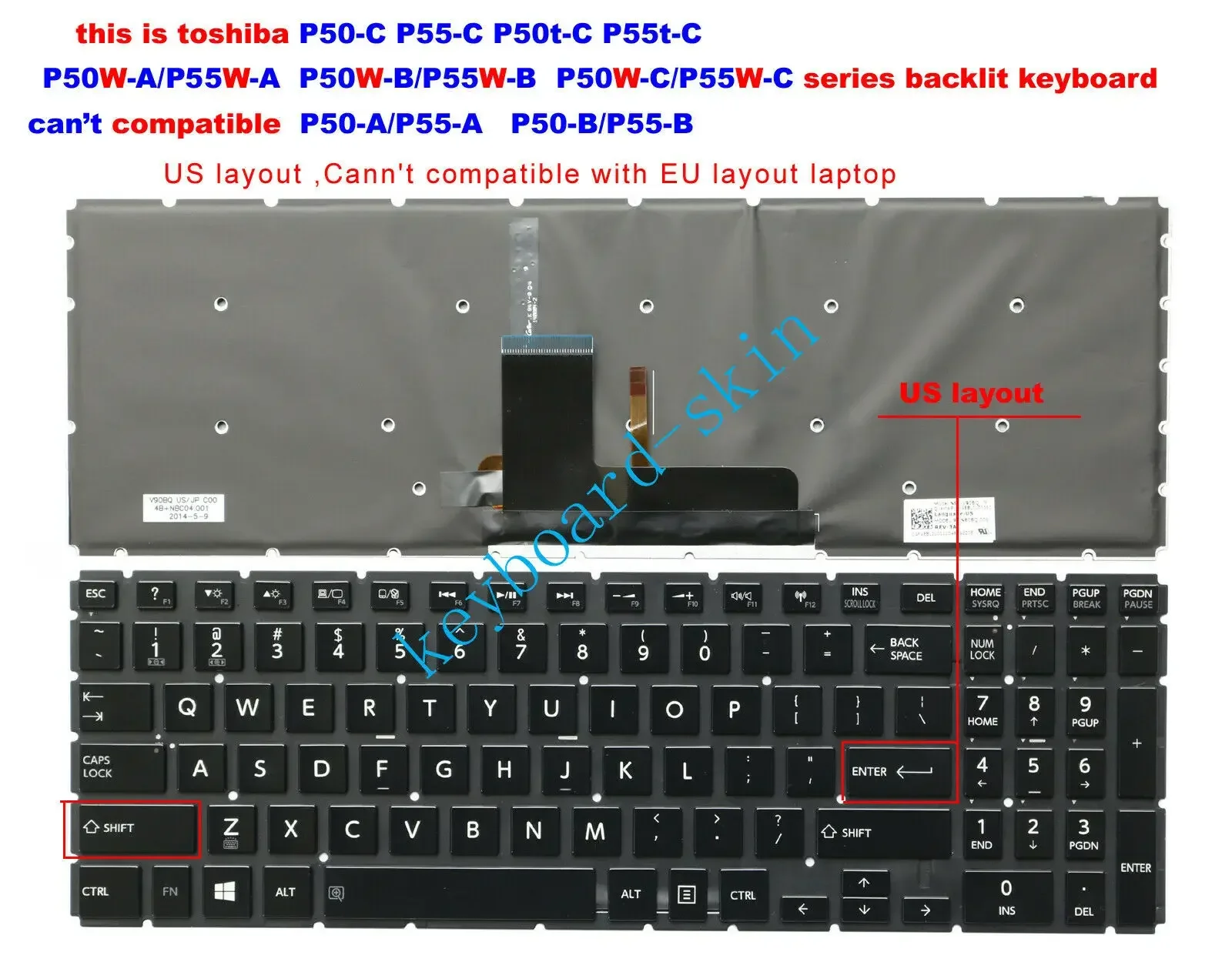 Новая клавиатура США с подсветкой для Toshiba P50-C P50D-C P50t-C P55-C P55D-C P55t-C NSK-V92BQ AEBLYU01110