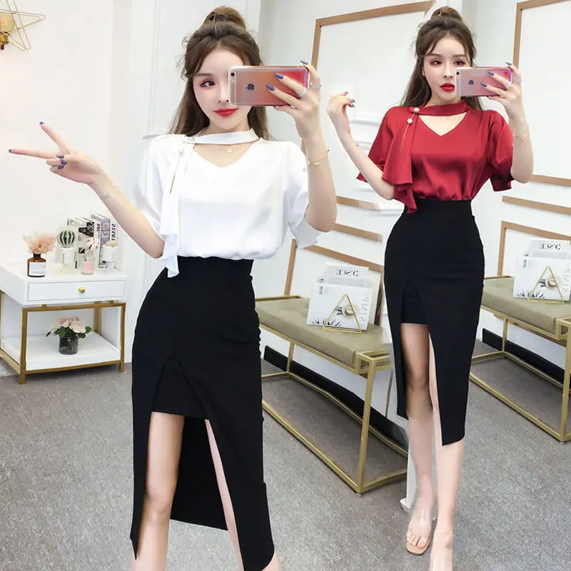 

Women 2022 Summer New Skirt Suits Female Elegant V-neck Short Sleeve Blouse Shirts Tops + Split Skirt Two Piece Office Set S05