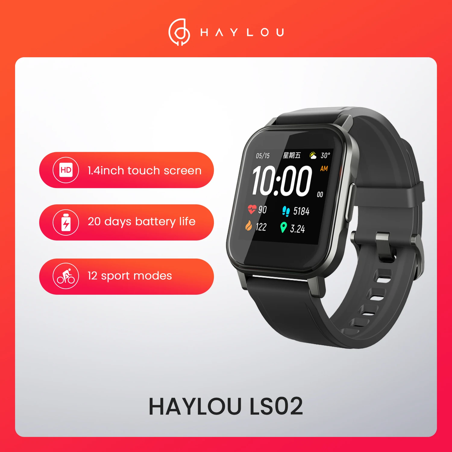 

New Fashion Comfortable Haylou LS02 Smart Watch, IP68 Waterproof ,12 Sport Modes,Call Reminder, Bluetooth 5.0 Smart Band