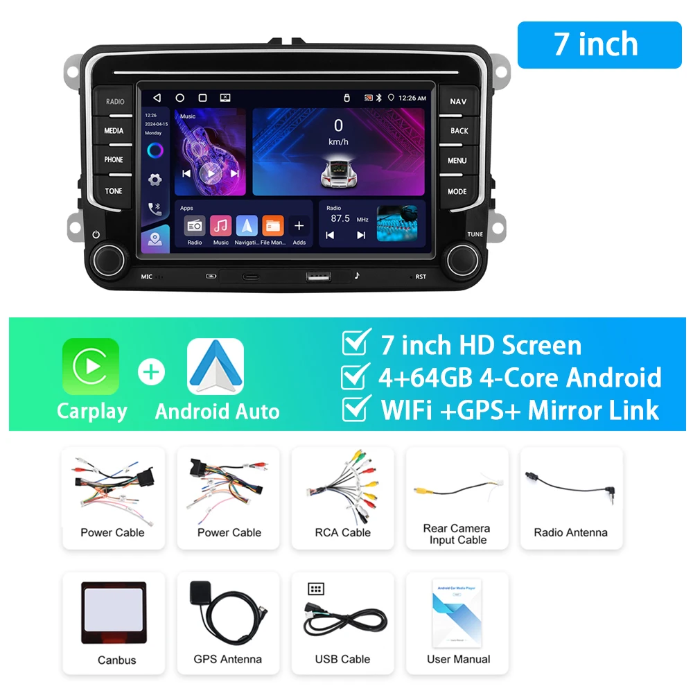 

Podofo 4-ядерная 7-дюймовая автомобильная стереосистема для VW/MAGOTAN/SHARAN/CADDY/POLO, мультимедийный плеер, Wi-Fi, GPS, Carplay, Android Auto 4 + 64G RDS, автомобильное аудио