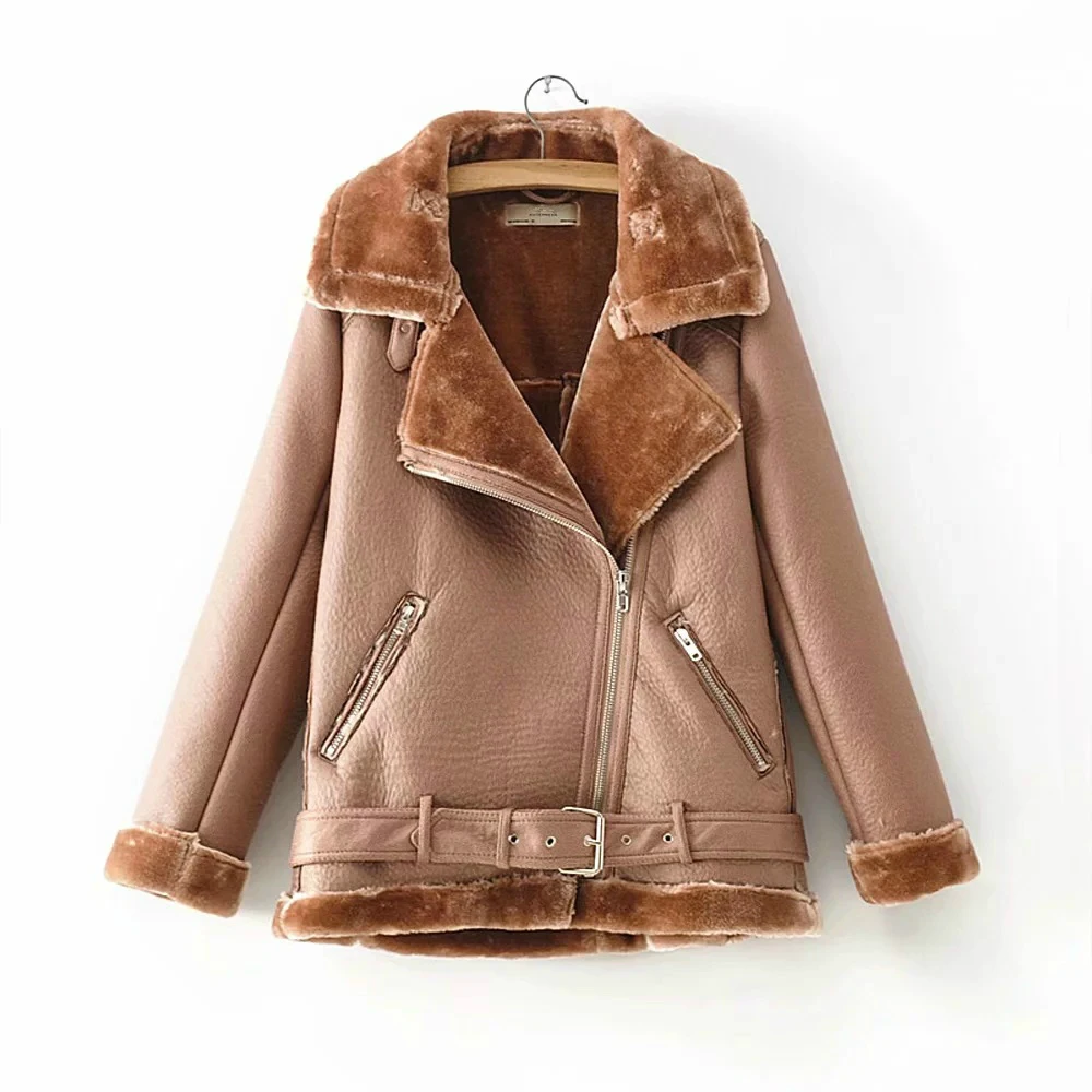 Winter Women Biker Motorcycle Jacket Girls Thick Warm Faux Fur Coat Ladies Velvet Faux Leather Jackets Brown Bomber Jacket Retro